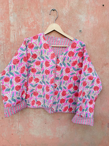 Cotton Quilted Women Jacket Block Printed Handmade patchwork Button Closer coat - Picture 11 of 22