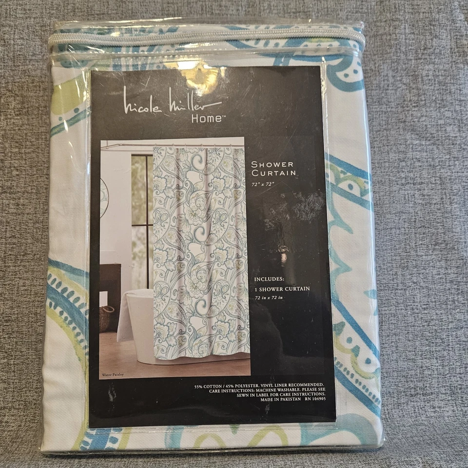 Nicole Miller Graphic Flowers Shower Curtain 72"x72" Blue Green White - Image 3 of 3