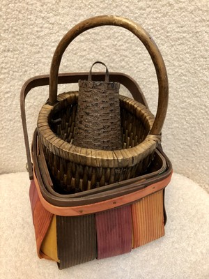 Vtg Sm Handle Baskets Primitive Wall Bamboo Colored Decorative Cottage Farmhouse
