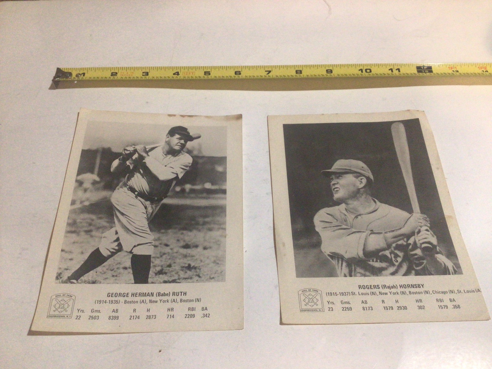 Two Vintage Baseball Hall of Fame Photos - Babe Ruth & Rogers Hornsby