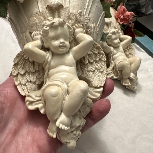Vintage dekorative 6" Cherub Engel Wandleuchter Taschen Paar cremeweiß Harz - Bild 3 von 13