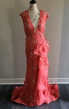 Jovani Coral Lace High Slit Gown Sz 12 Evening Dress Eyelet 38668 Elegant Formal