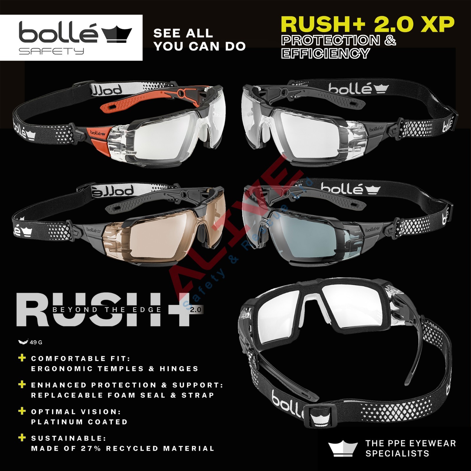 Bolle RUSH+ 2.0 XP Anti-fog & Anti-scratch Safety Glasses with Foam & Strap Kit