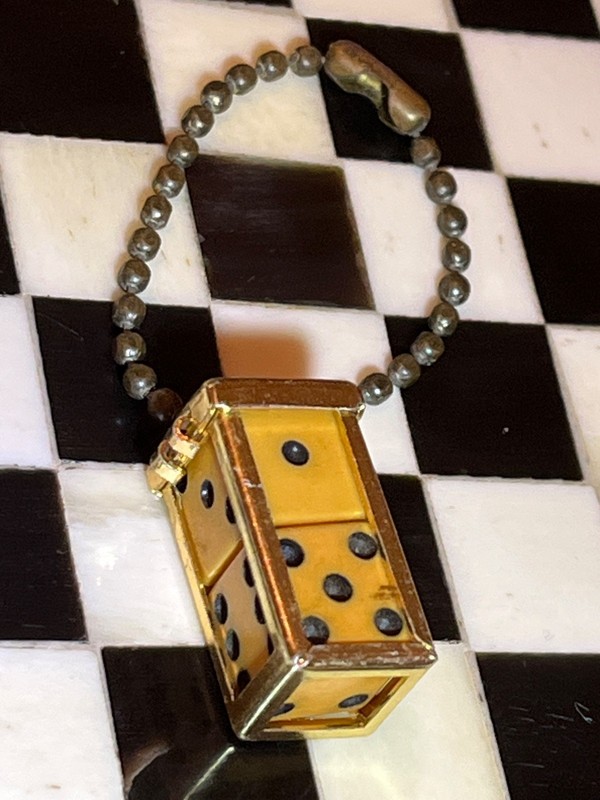 Old illegal club ethos caged bakelite dice & brass ball keyring chain 021626@
