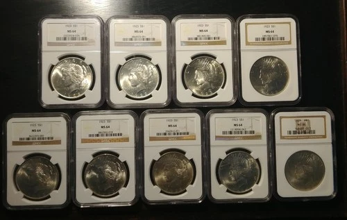 Lot of NINE 1923 Philadelphia $1 Silver Peace Dollars All NGC Certified MS64