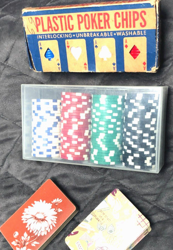 Vintage Poker Chip Card Lot Ace Plastic Clay Dice Craps 2 Decks Playing Cards