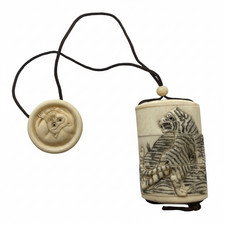 Antique Japanese Carved Bovine Inro & Netsuke Disc - Tiger Design 3 Compartment