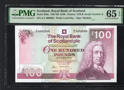 Royal Bank of Scotland £100 1987 P350a First Run Serial Number 6 PMG EPQ 65