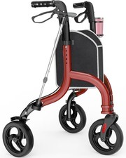 Lightweight 3-Wheel Walker for Seniors Foldable Rollator Burgundy w/ Cup Holder