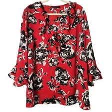Jones New York Womens Red Black Floral Fairy Grunge Goth Vampire Ruffle Top 2X