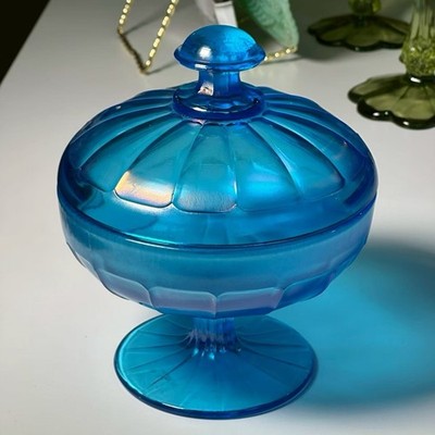 Fenton Celeste Blue Stretch Glass Iridescent Candy Dish w/Lid Covered Compote