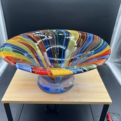 Badash 11'' Handmade Multicolor Blue Red Orange Yellow Swirl Vase Bowl HEAVY