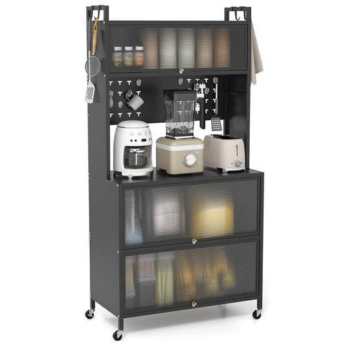 5 Tier Kitchen Bakers Rack with Lights Flip Door Cabinets Pegboard & Hooks