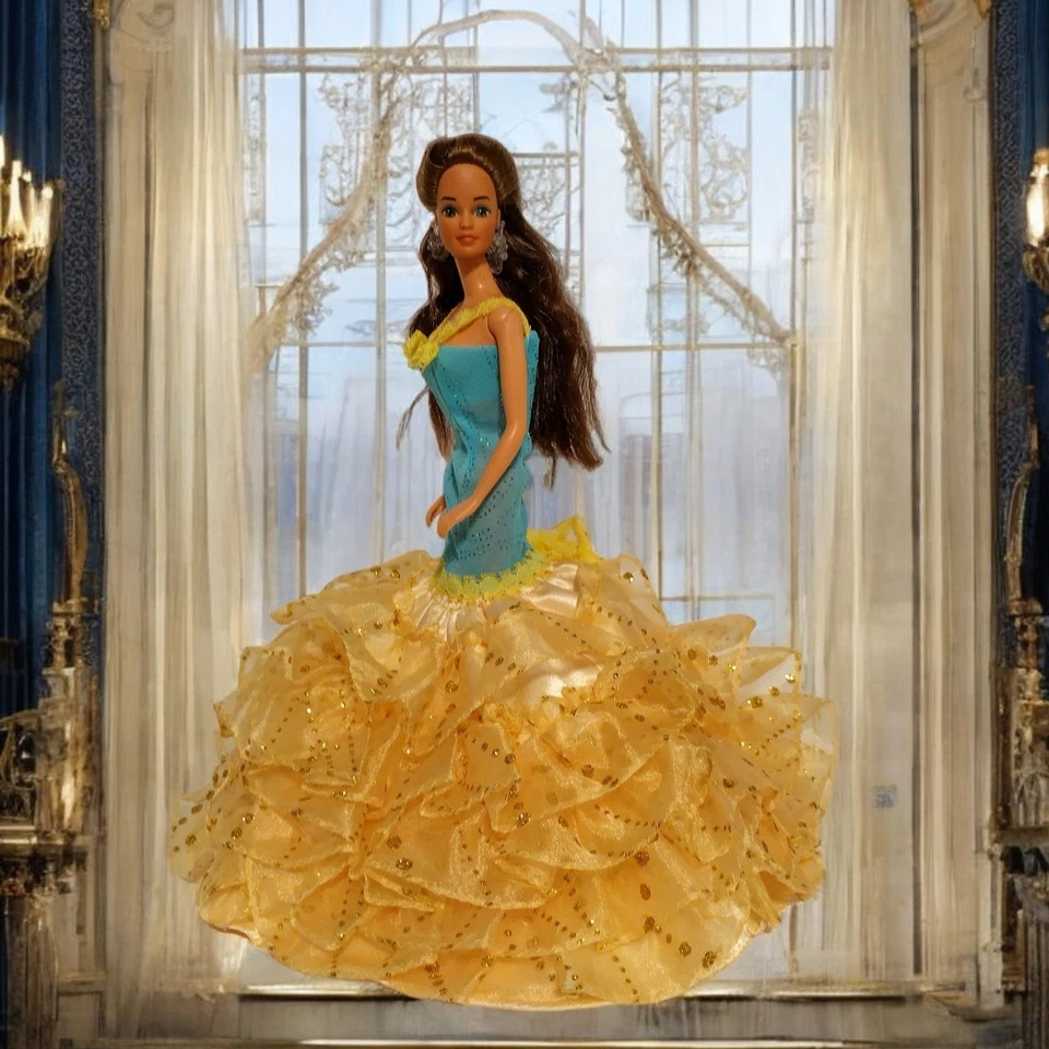 Vestido de Diosa Azul y Amarillo con Detalles Dorados - Vestido Único Hecho a Mano para Muñecas Foto 2 de 4