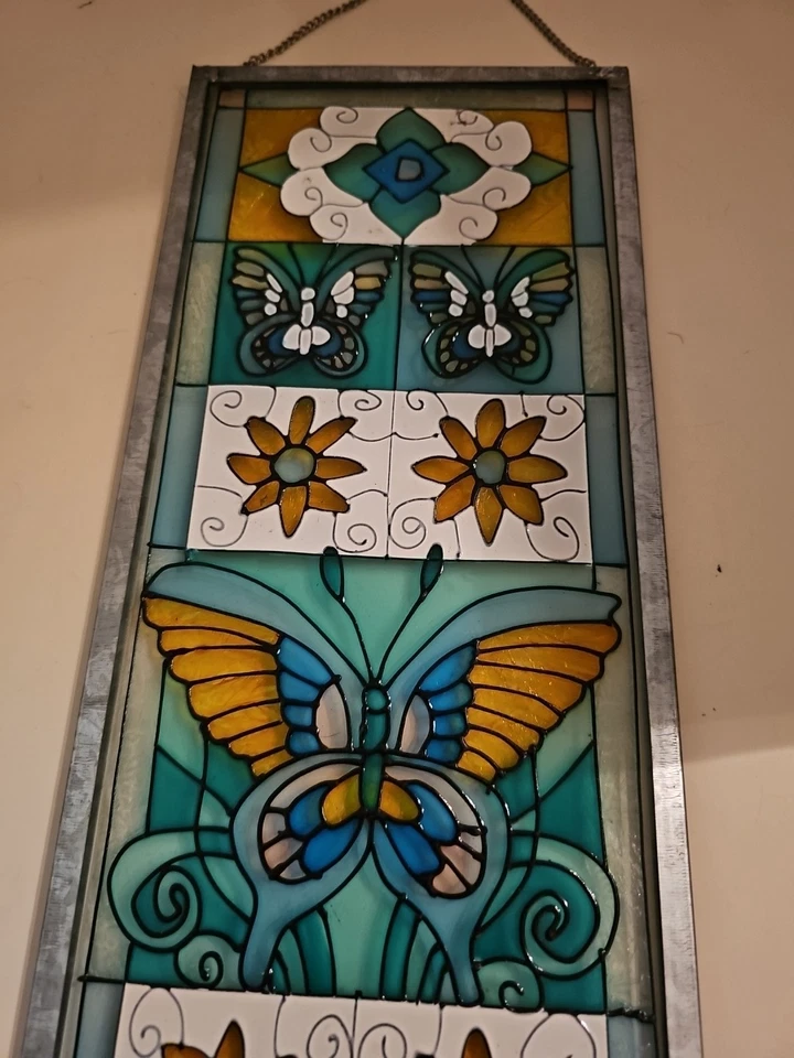 Mariposas y flores vitral ventana 19"x6" marco de metal, cadena para colgar Foto 4 de 4