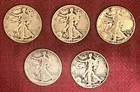 Lot Of 5 - 90% Silver Walking Liberty Silver Half Dollars