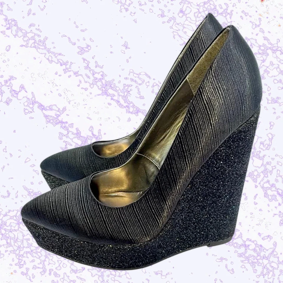 Call It Spring Black Wedges Shimmering Closed Toe Heels | Women's Size 6 - Image 3 of 4