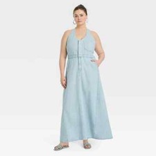 Women's Halter Neck Denim Maxi Dress with Pockets Universal Thread Light Blue 17