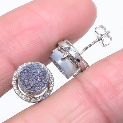 Titanium Drusy & White Topaz 925 Silver Push Back Earring Stud T54