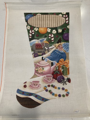 Vintage Needlepoint Christmas Stocking Canvas Dolly Tea Party Under Tree Girl 13 - Picture 3 of 12