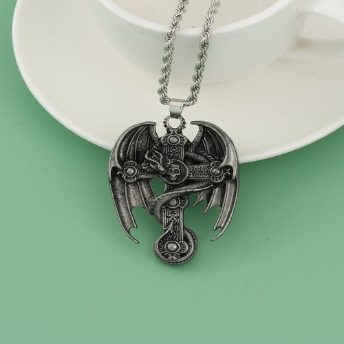 Mens Winged Dragon Skull Cross Pendant Necklace Gothic Punk Jewelry Chain 24" - 第 3/6 張圖片