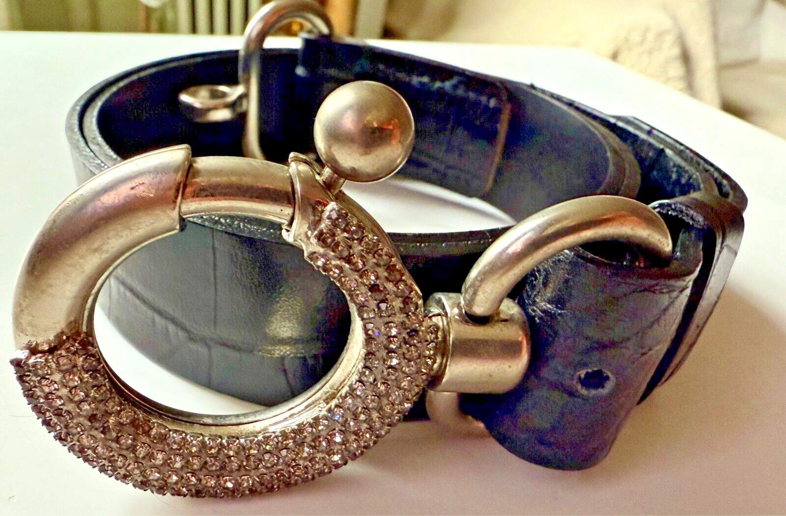 Black Leather Belt with Silver Diamond-Studded Buckle - Size 85/34-image