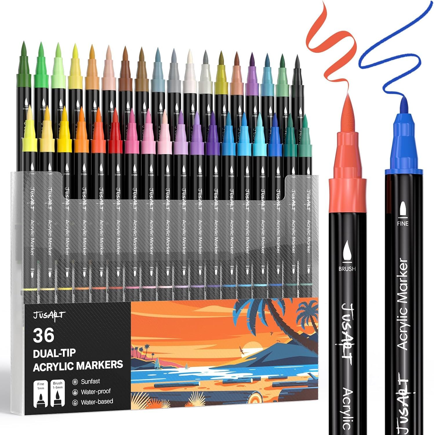 36-Color Dual Tip Acrylic Paint Markers with Brush & Fine Tip for Art & Crafts