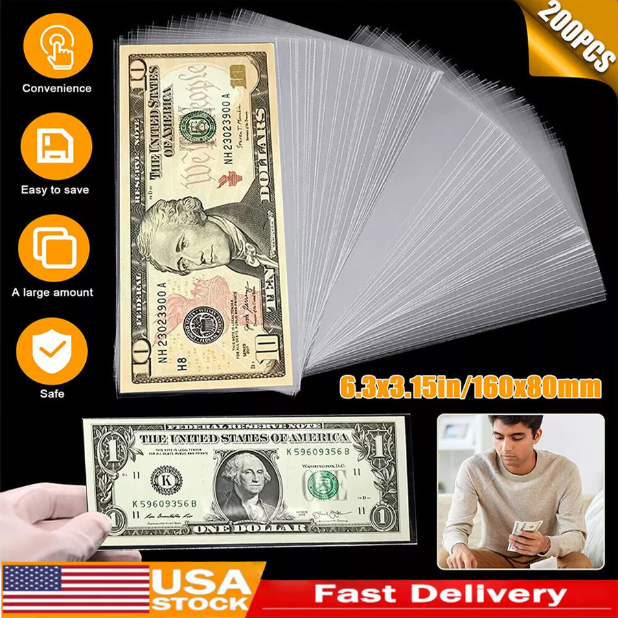 200PCS Money Bag Storage Protect Banknote Clear Soft Sleeves Holder Collection