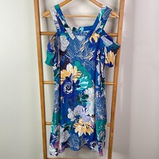 Blue Illusion Shift Dress Womens Small Blue Floral Cold Shoulder Knee Length