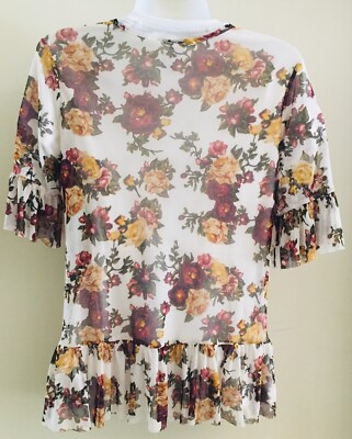 Gaze Blouse Ivory W/Floral Print Maroon/Yellow/Green Crew Neck Short Sleeve S(S)