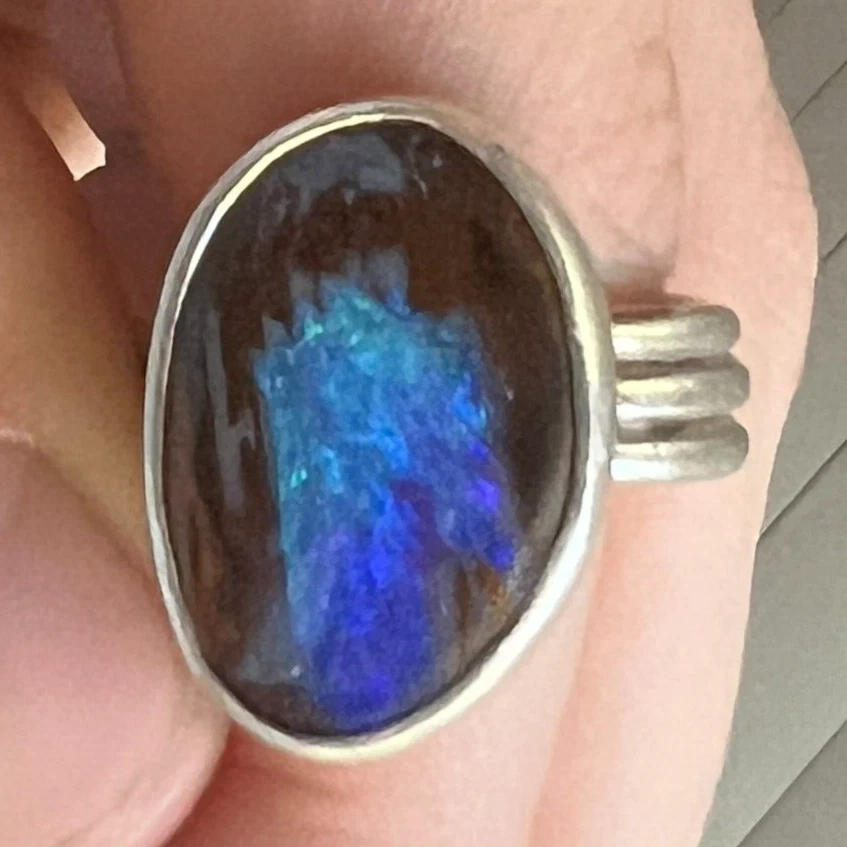 Anillo de plata esterlina de ópalo de roca australiano ~ 9 joyas artesanales de madera fosilizada Foto 2 de 4