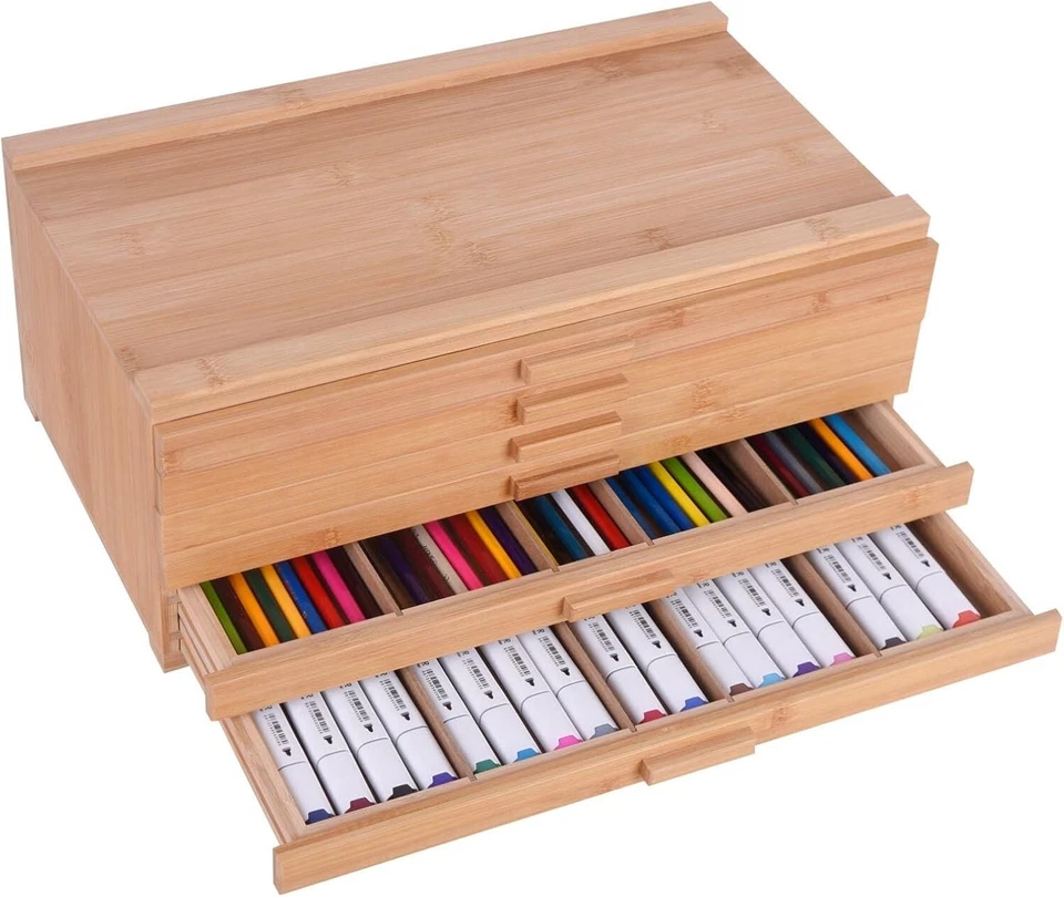 6 Drawer Bamboo Artist Supply Storage Box with Separate Compartments - Image 3 of 4