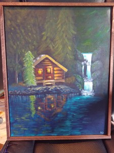 Acrylic Painting On Canvas Cabin In The Woods Framed Original Ebay