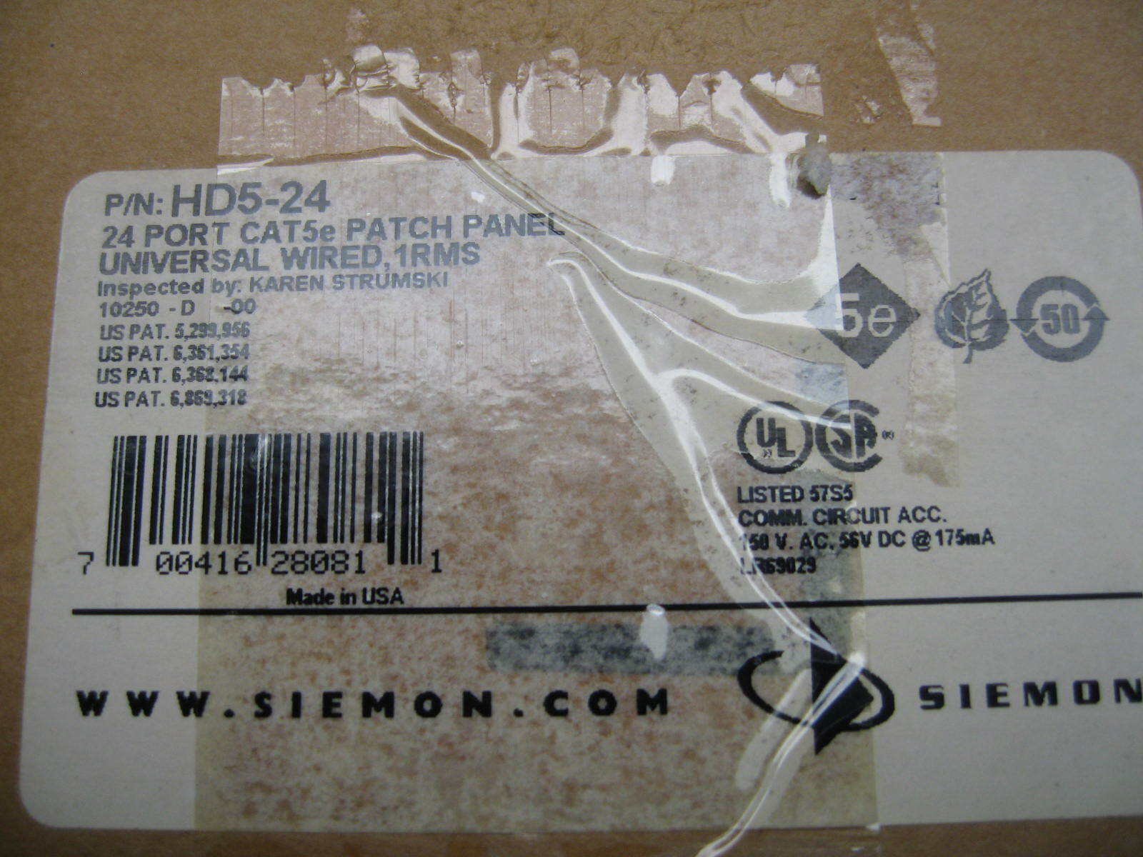 New Siemon HD5-24 Patch Panel, HD, Preloaded, UTP, Category 5e, 24 Port 