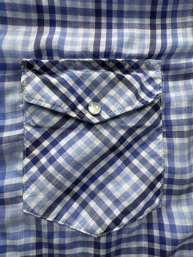 Vintage Wrangler Brushpopper Plaid Shirt Mens L Blue Western Cowboy Pearl Snap - Picture 2 of 5