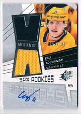 2018-19 SPX ROOKIE DUAL AUTO EELI TOLVANEN ROOKIE AUTO JERSEY 2 COLORS 004/199