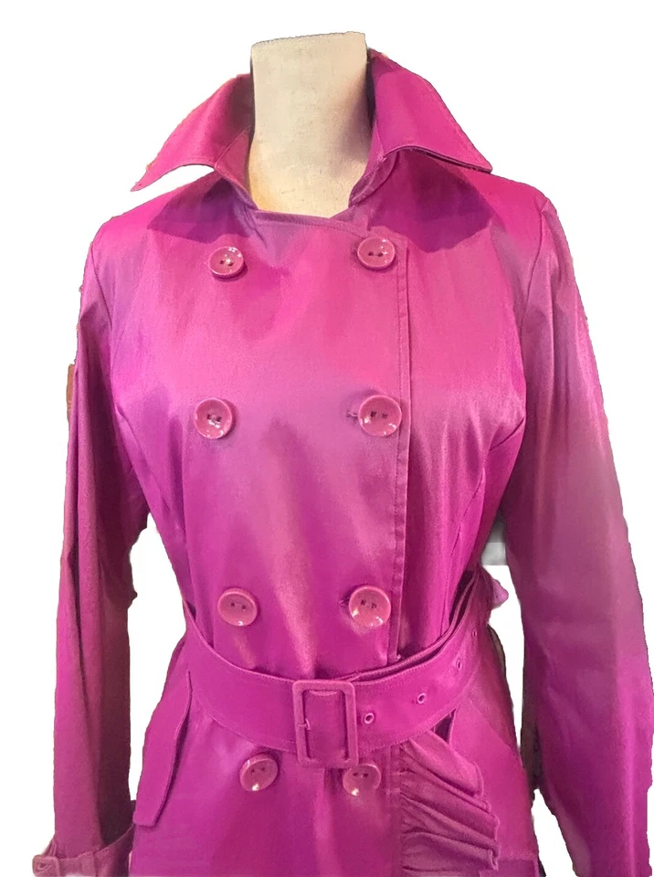 👠🧥🩷💜 Samuel Dong Iridescent Pink Purple Long Sleeve Ruffled Trench Coat Sz L - Image 4 of 4