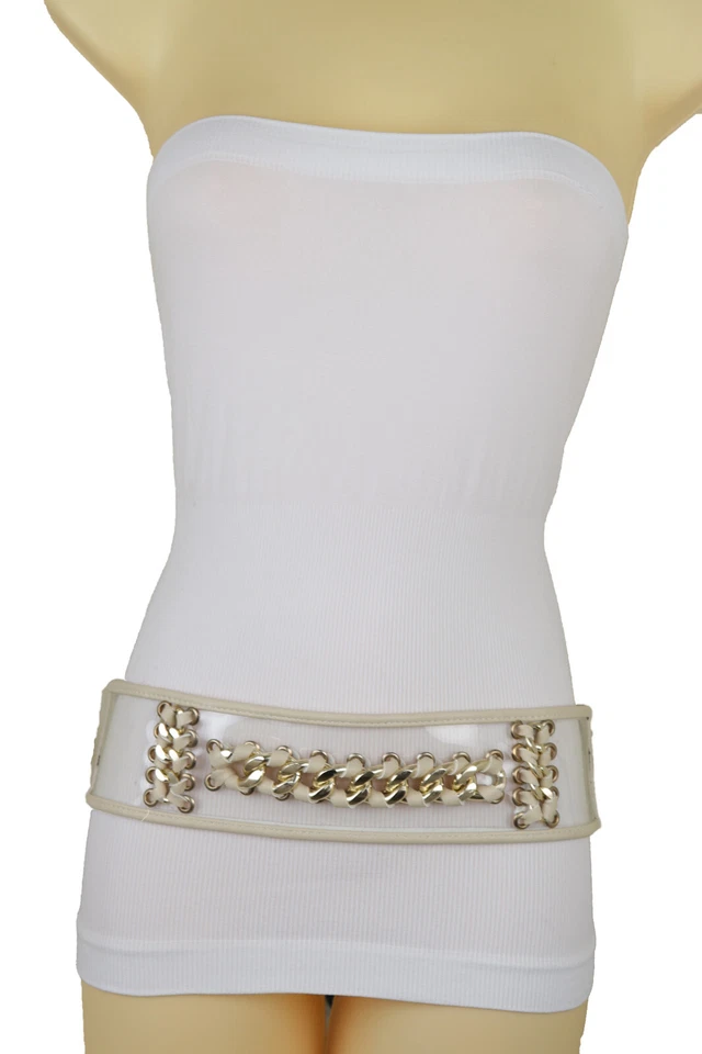 Mujeres Crema Correa Elástica Moda Cinturón Frontal Metal Dorado Cadena Eslabones Detalle S M Foto 4 de 4
