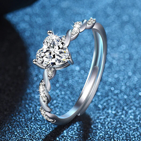 Silver Plated Heart Shape Ring Korean Style with Sparkling Zircon Stones