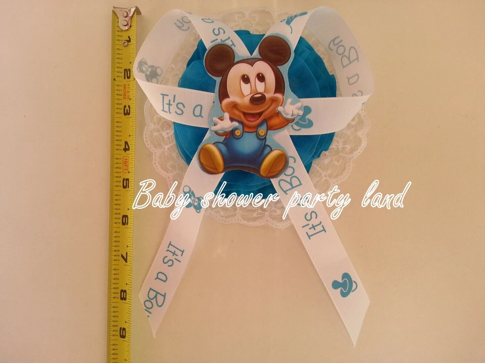 Baby Shower Mickey Mouse Mom To Be It's a Boy Sash Blue Ribbon with Corsage  - Image 3 of 4