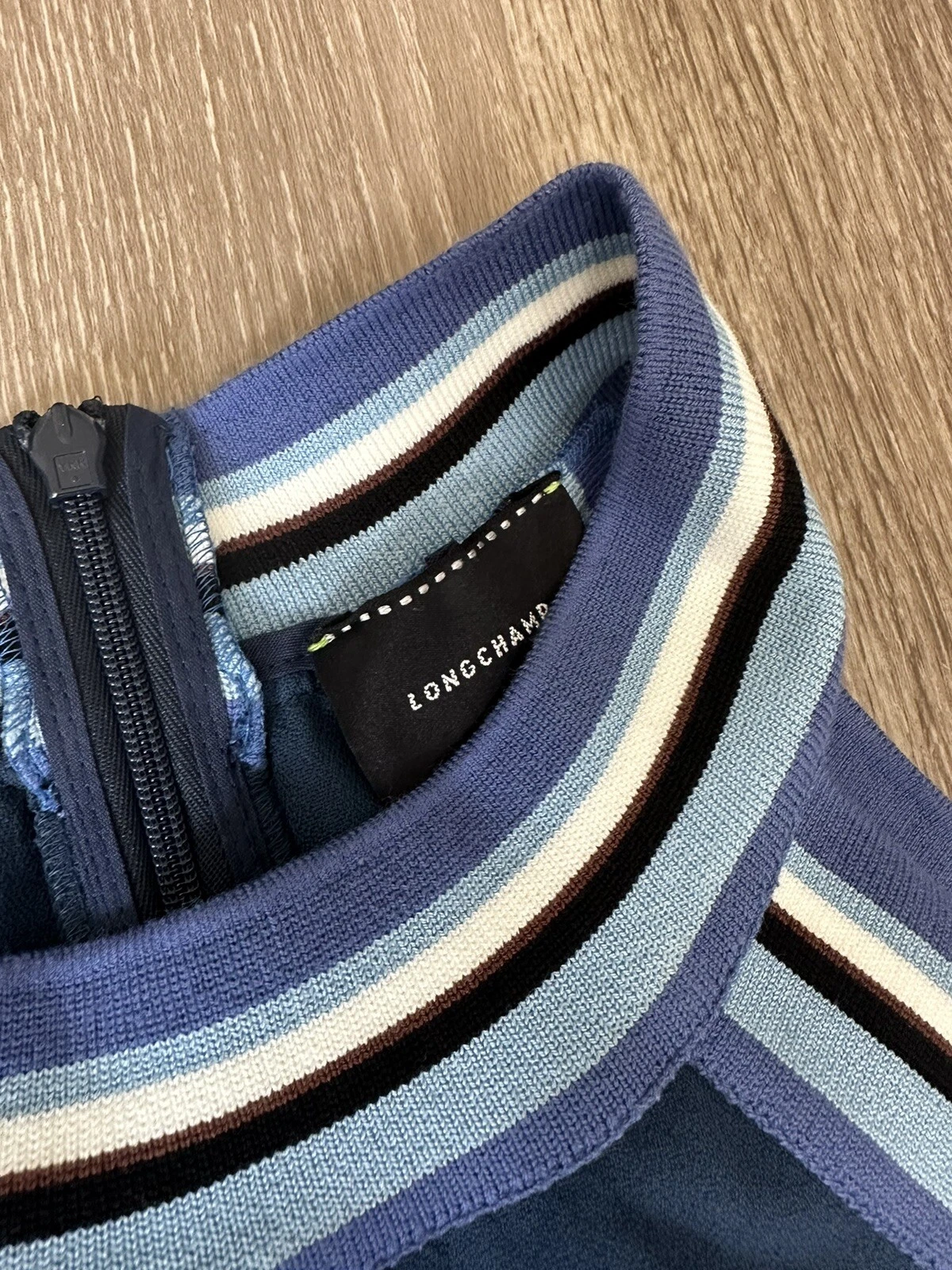 Abito da donna blu Longchamp taglia 36 blu marrone bianco 7824CFA abito con cerniera intera