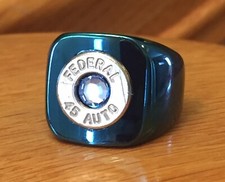 Federal 45 Caliber Nickel Bullet Casing Blue Steel Ring Sz 6.5 W/Lt Blue Crystal
