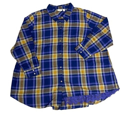 LOGO Lori Goldstein Flannel Tunic Top Size 3X Plaid Lace Grunge Boho