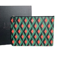 Dunhill Clutch Bag Second Bag Engine Turn Green Orange Calf Leather Zip Closure