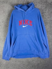 VTG Nike Hoodie Mens 2XL Blue Center Swoosh Fleece Spell Out Loose Cotton Blend