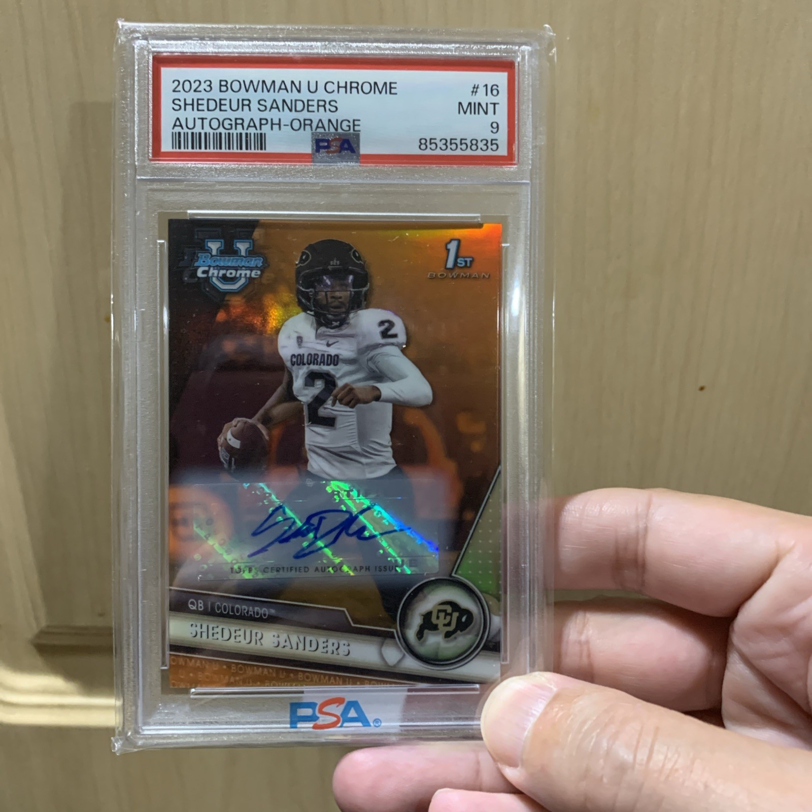 2023 Bowman U Chrome Shedeur Sanders ORANGE REFRACTOR 1ST Auto 21/25 #16 PSA 9