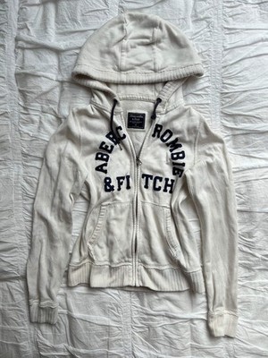 Weiße Abercrombie & Fitch Sweatshirtjacke mit dunkelblauem Logo-Schriftzug