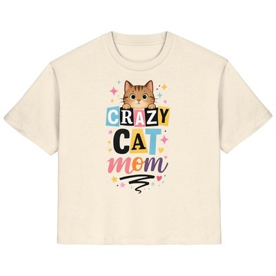 Katzen T-Shirt Damen Spruch Crazy Cat Mom Print Aufdruck Katzenliebhaber Shirt
