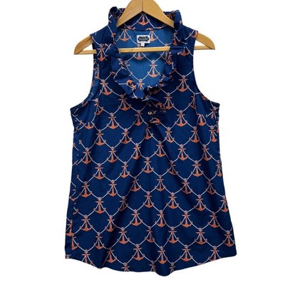 Mud Pie Anchor Print Ruffle Neck Sleeveless Blouse Womens L Navy Blue Orange