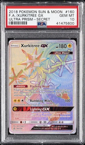 2018 POKEMON SUN & MOON ULTRA PRISM SECRET #160 FULL ART/XURKITREE GX PSA 10